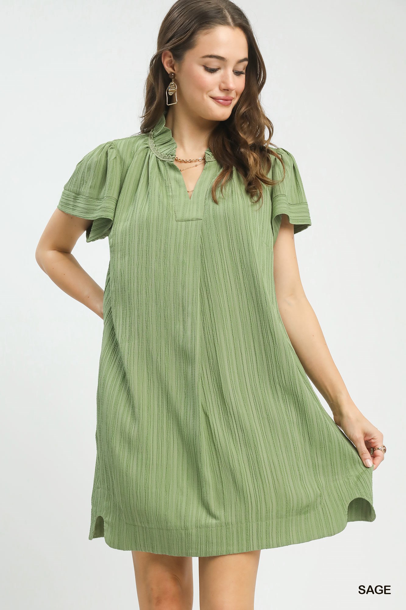 Flutter Sleeve V-Neck Shift Dress
