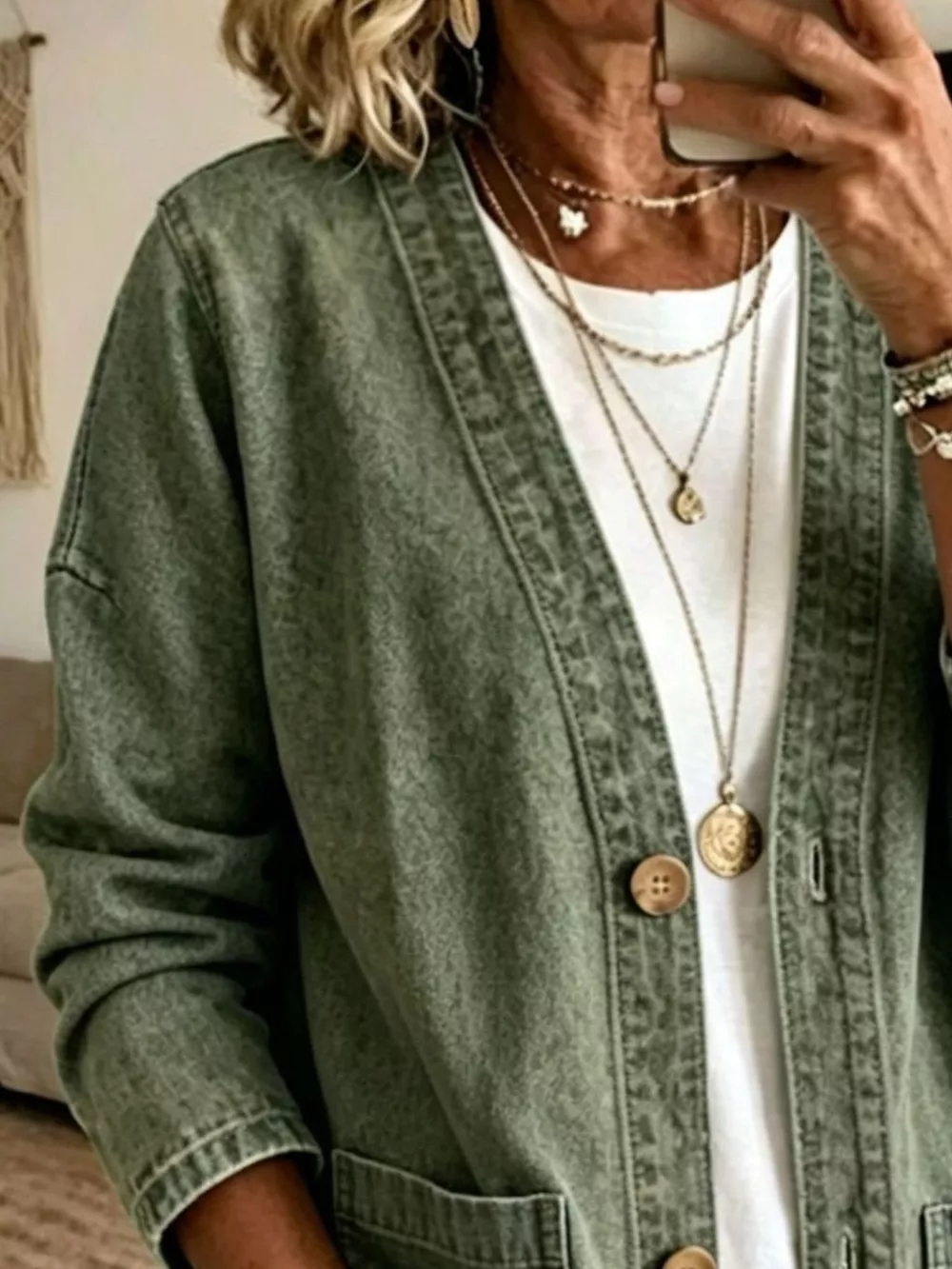 V-Neck Button-Down Denim Jacket, image 9