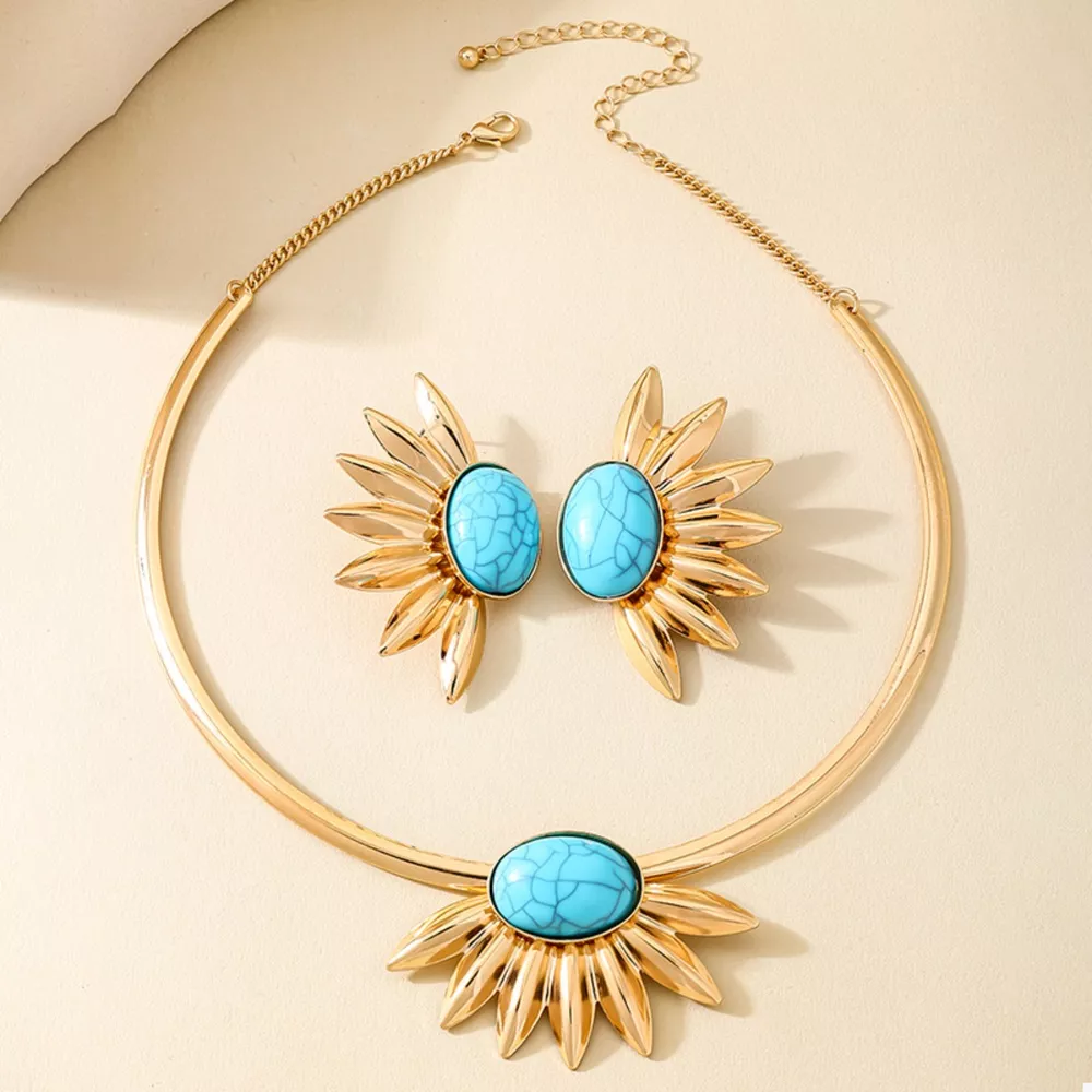 Turquoise Sunflower Necklace and Earrings Jewelry Set, image 4