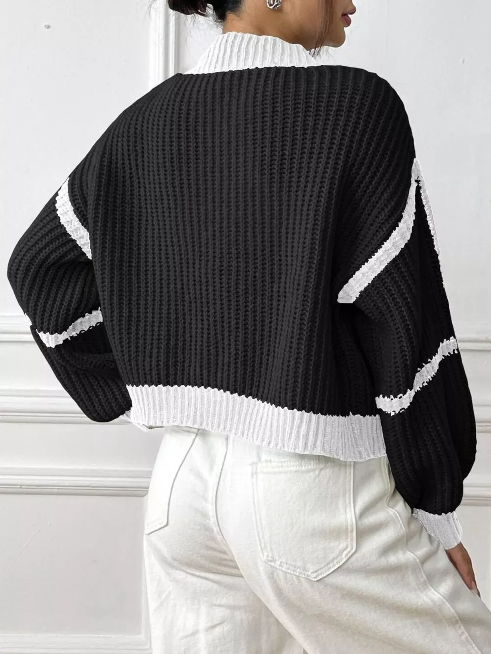 Color-Block Ribbed Knit Open-Front Cropped Cardigan, image 16