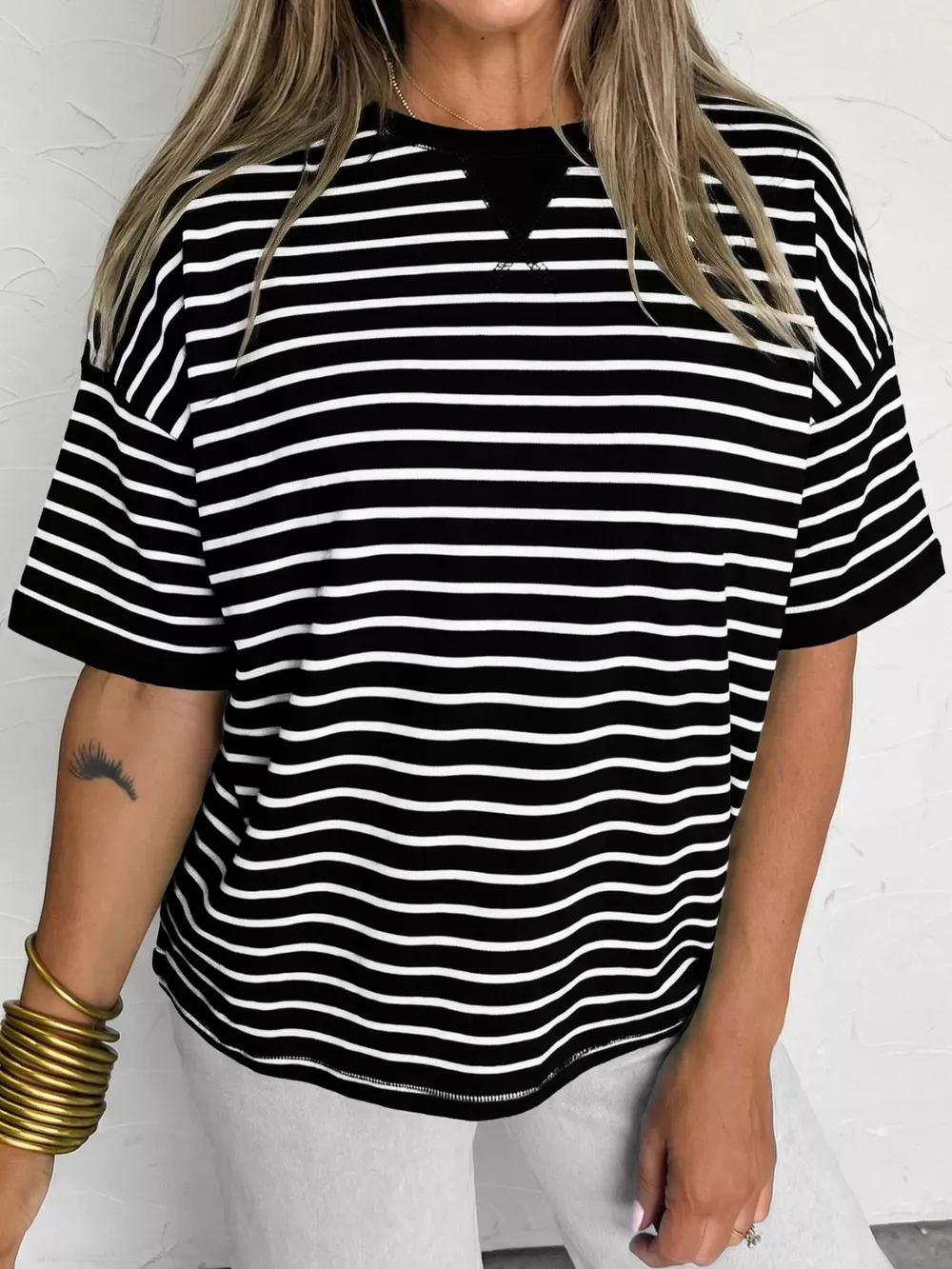 Stripe Ribbed Patchwork Seam Detail Half Sleeve Tee, image 4