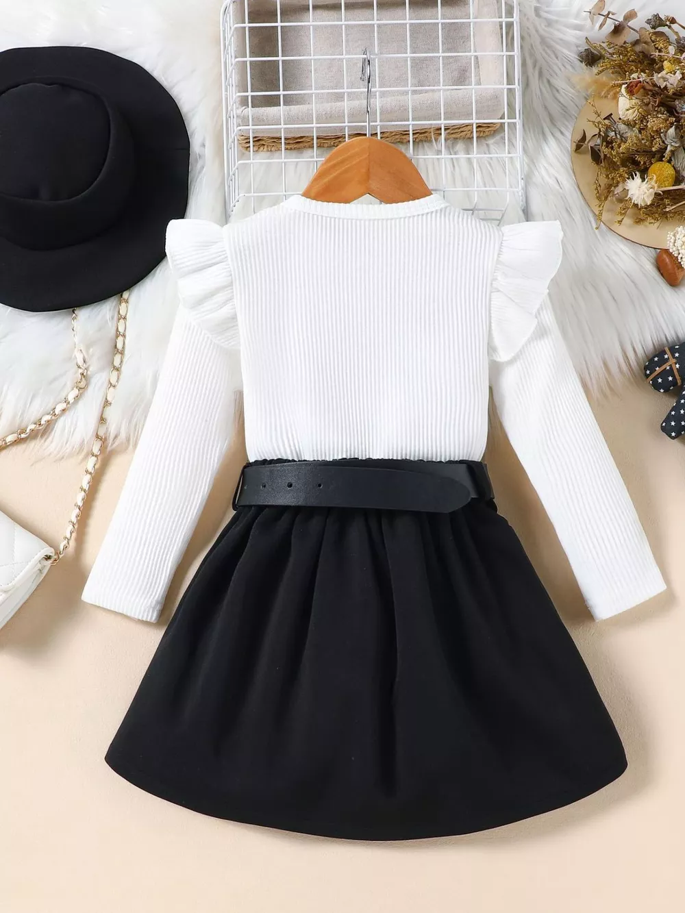 Children's Ruffle Sleeve Top & Pleated Skirt Set with Hat and Belt, image 5
