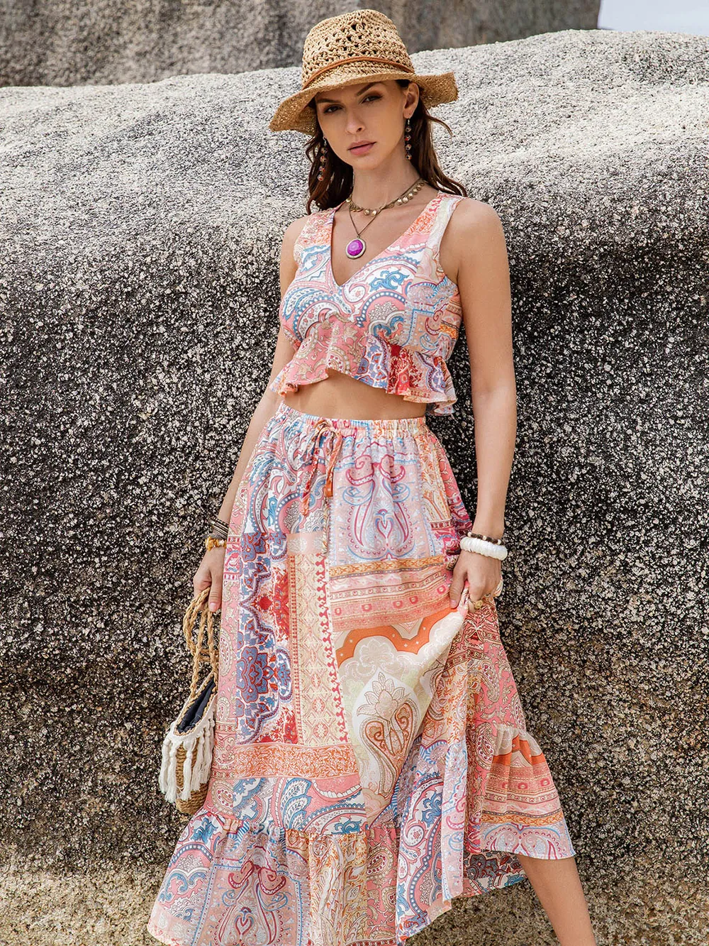 Printed V-Neck Top and Midi Skirt Set, image 6