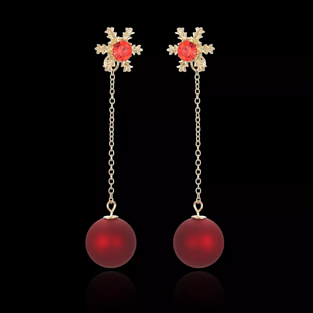 Snowflake Drop Earrings with Red Ball, image 2