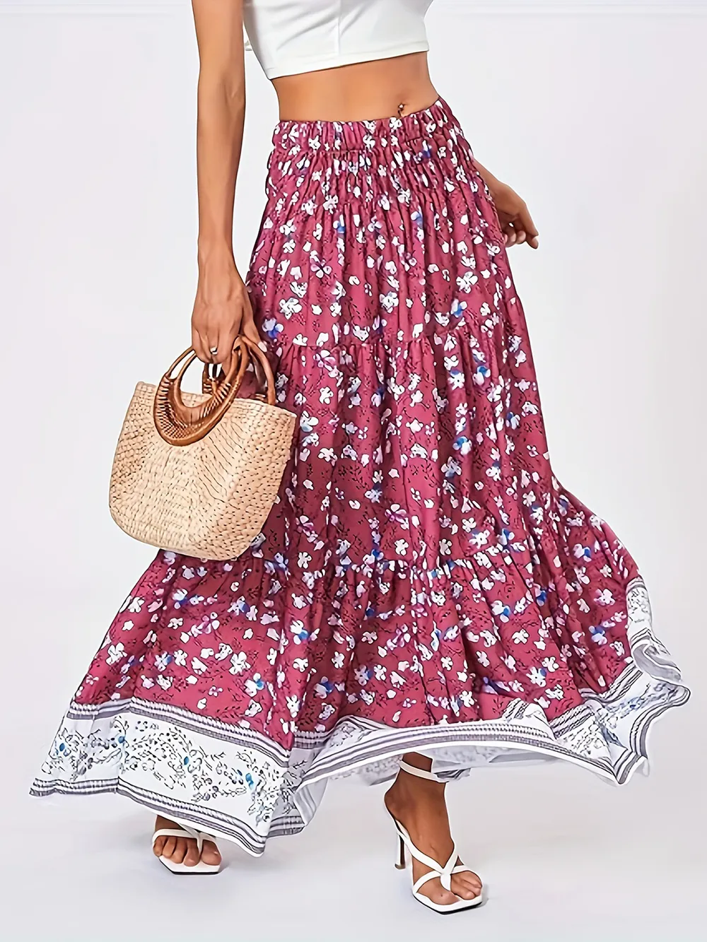 Full Size Tiered Printed Elastic Waist Skirt, image 6
