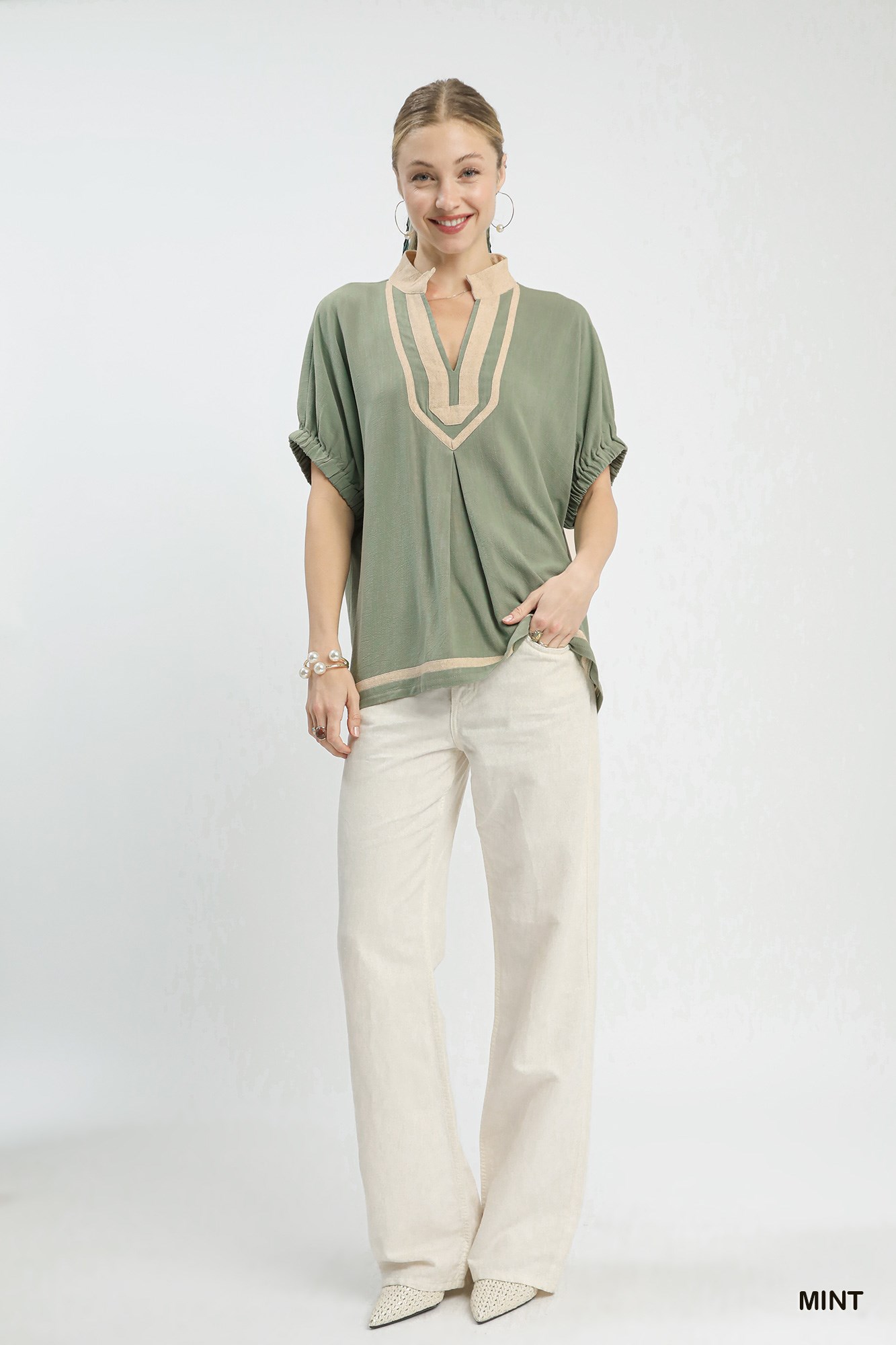 Linen Contrast Trim V-Neck Blouse, image 2