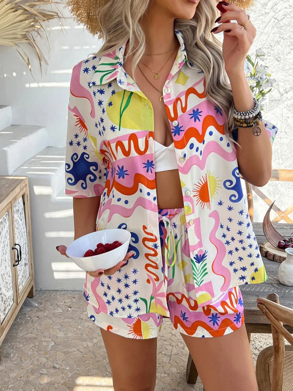 Printed Button Down Shirt and Shorts Set, image 19
