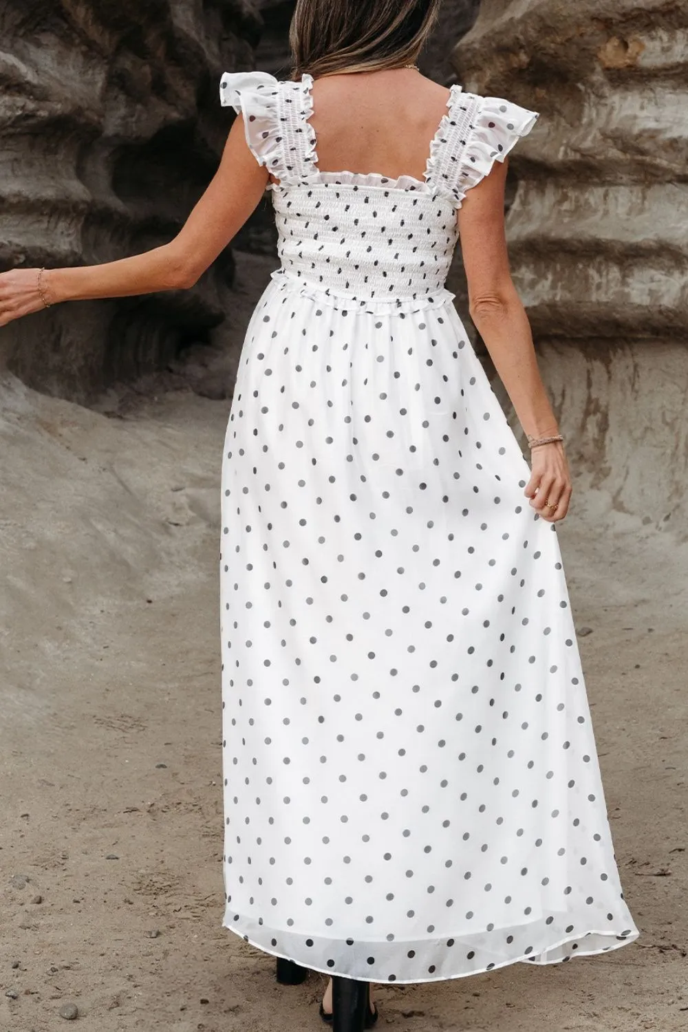 Polka Dot Ruffle Sleeve Smocked Midi Dress, image 7