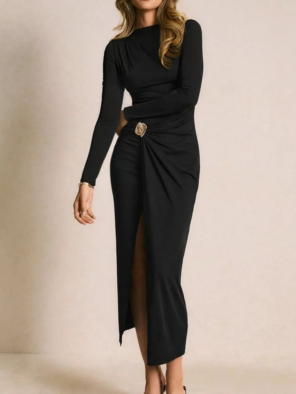 Ruched Slit Long-Sleeve Bodycon Dress, image 3