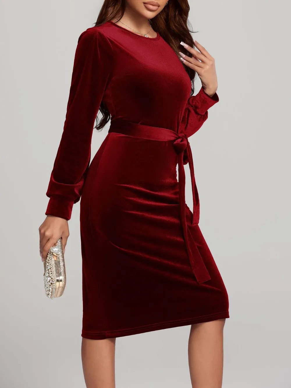 Round Neck Tie Waist Long Sleeve Velvet Dress, image 17