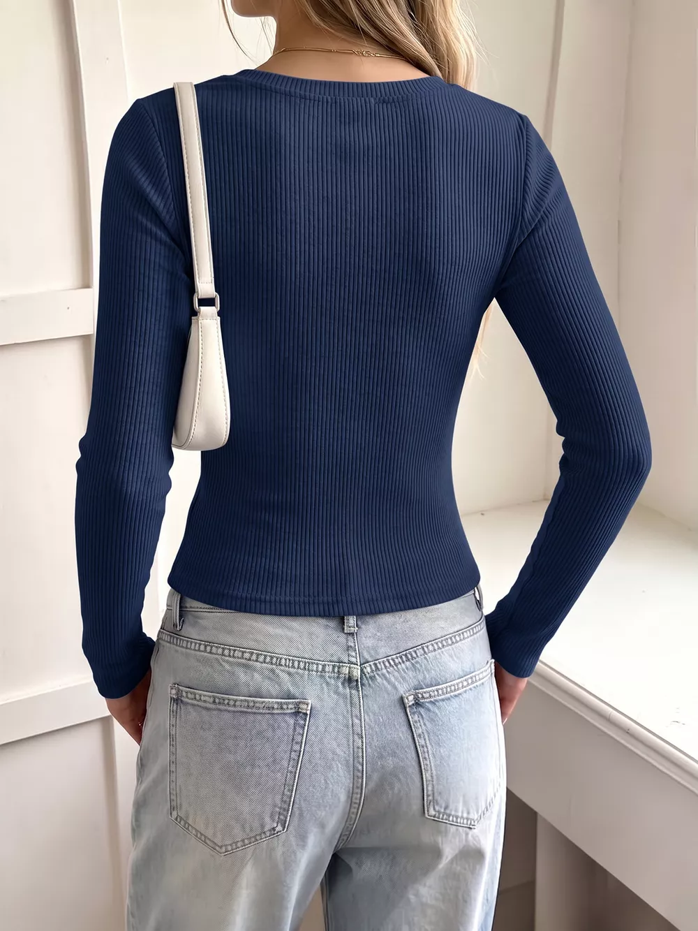Lace Trim Ribbed Knit Long Sleeve T-Shirt, image 5