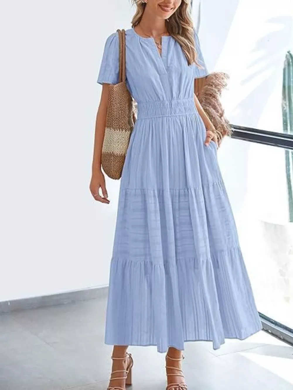 Notched Short Sleeve Tiered Dress, image 15
