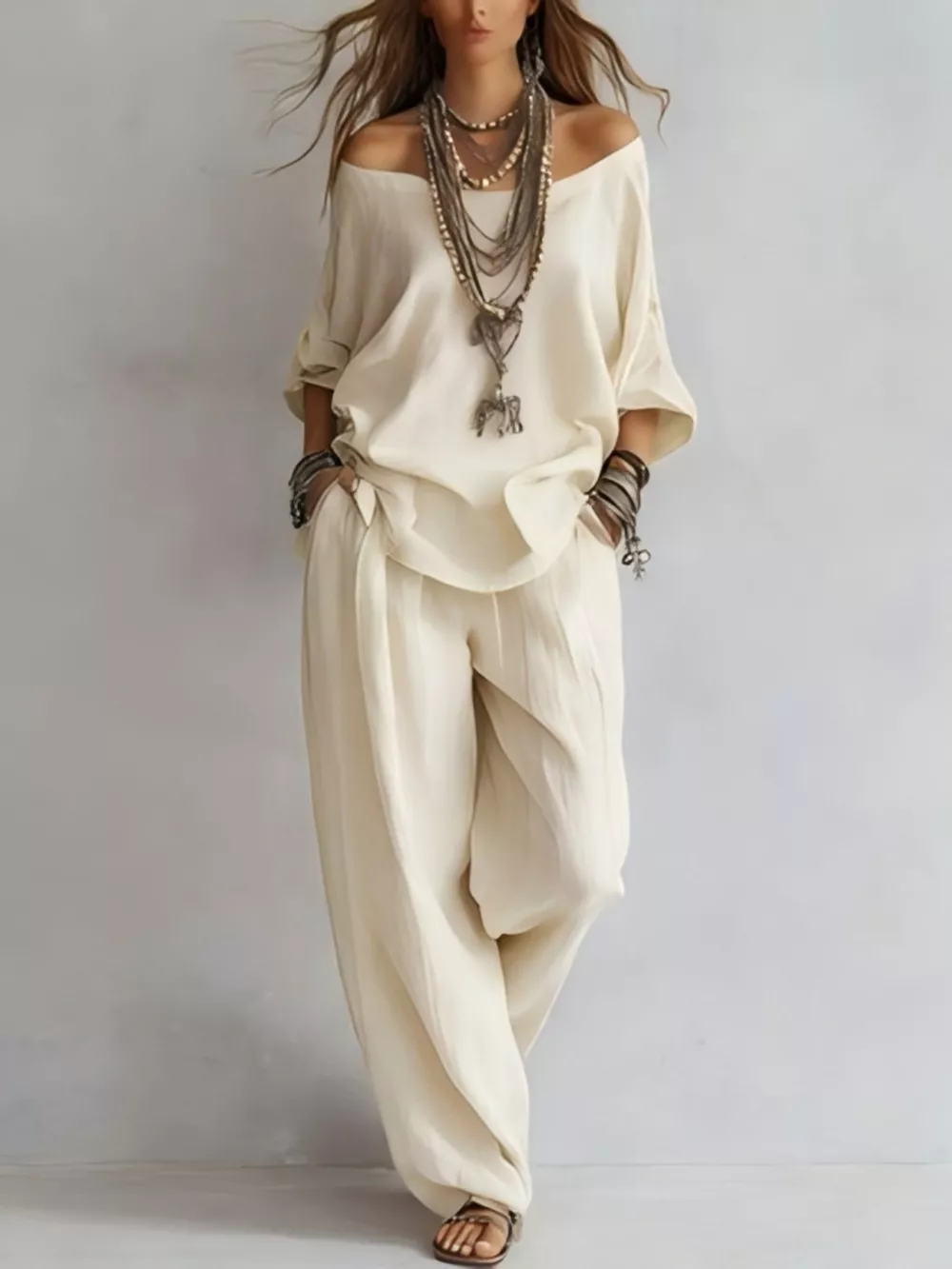Off-Shoulder Loose Fit Top and Pants Two-Piece Set, image 5