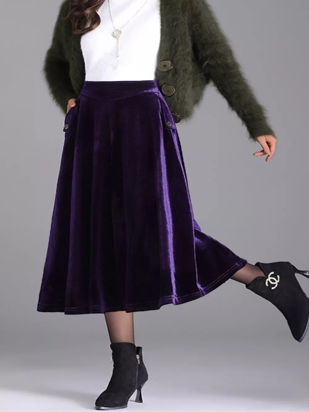 Plus Size Elegant Velvet A-Line Midi Skirt, image 12