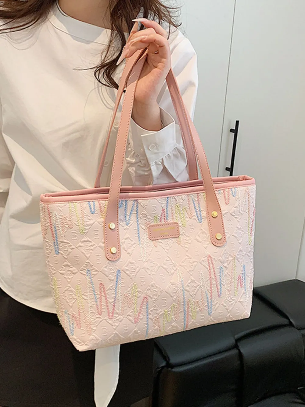Contrast PU Leather Tote Bag, image 11