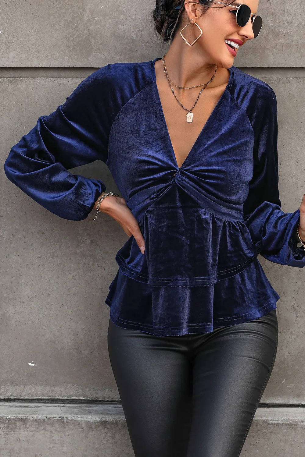 Twisted Layered Plunge Raglan Sleeve Blouse, image 4