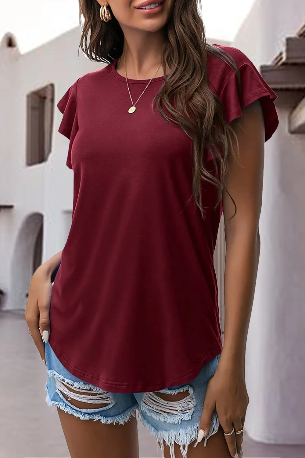 Ruffled Round Neck Cap Sleeve Blouse, image 24