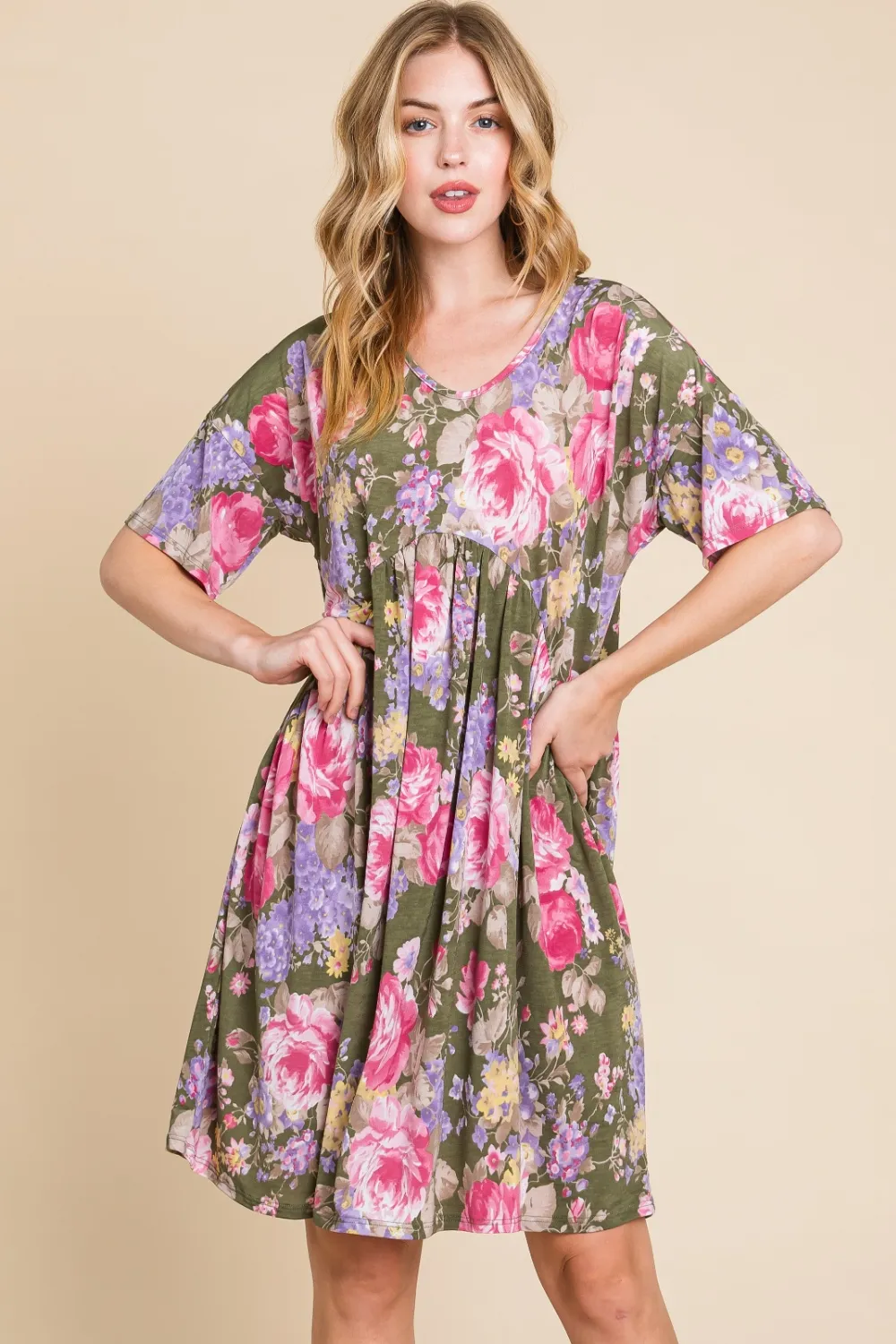 Flower Print V-Neck Ruched Dress, image 3