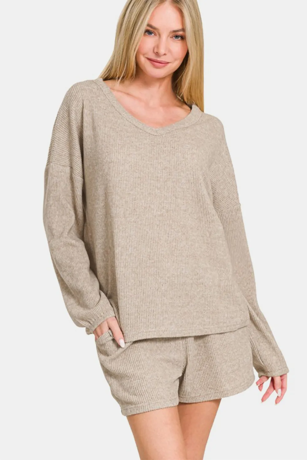 V-Neck Long Sleeve Ribbed Top and Shorts Set, image 3
