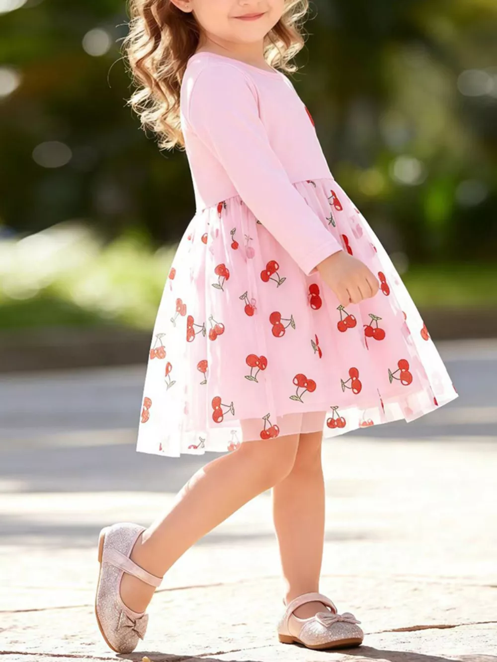 Children's Sweet Cherry Print Tulle Dress with Long Sleeves, image 3