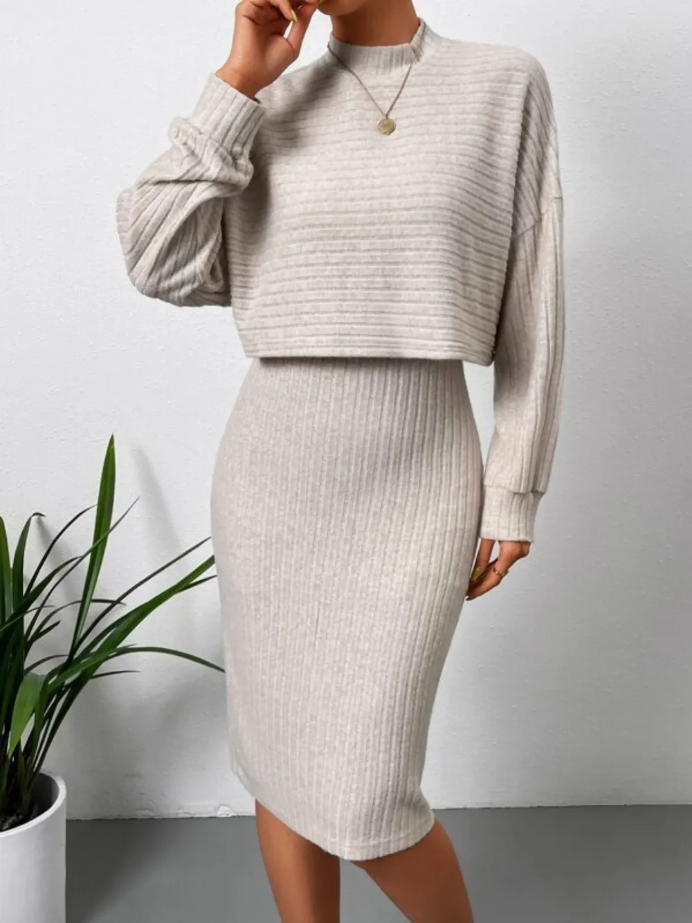 Mock Neck Long Sleeve Top and Wide Strap Dress Set, image 3