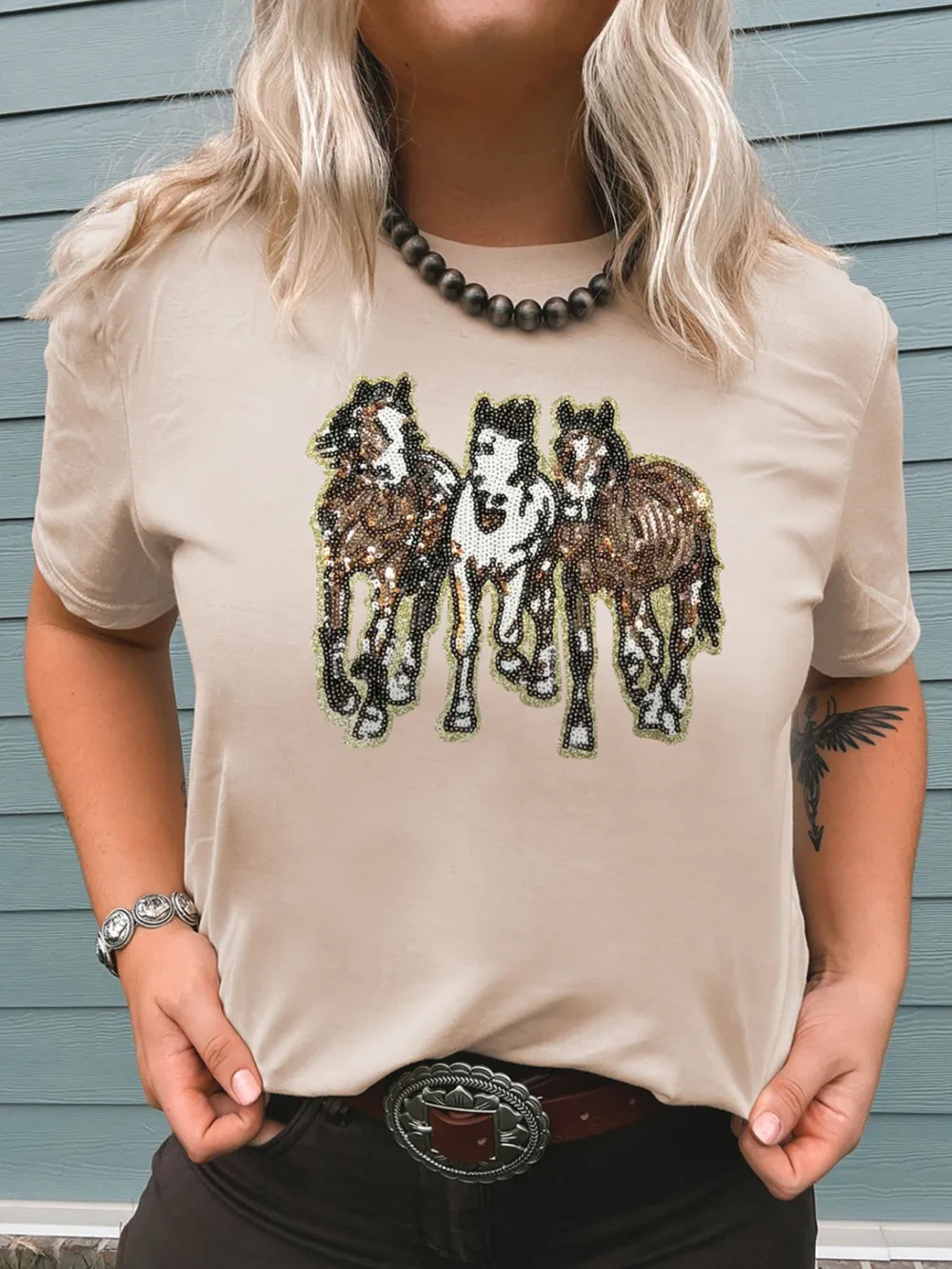 Sequin Horses Patched Casual Crewneck T Shirt, image 2