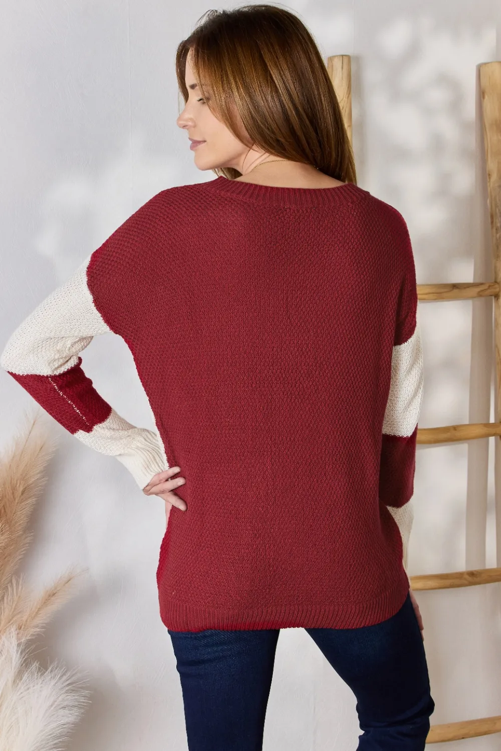 Full Size Color Block Dropped Shoulder Knit Top, image 4