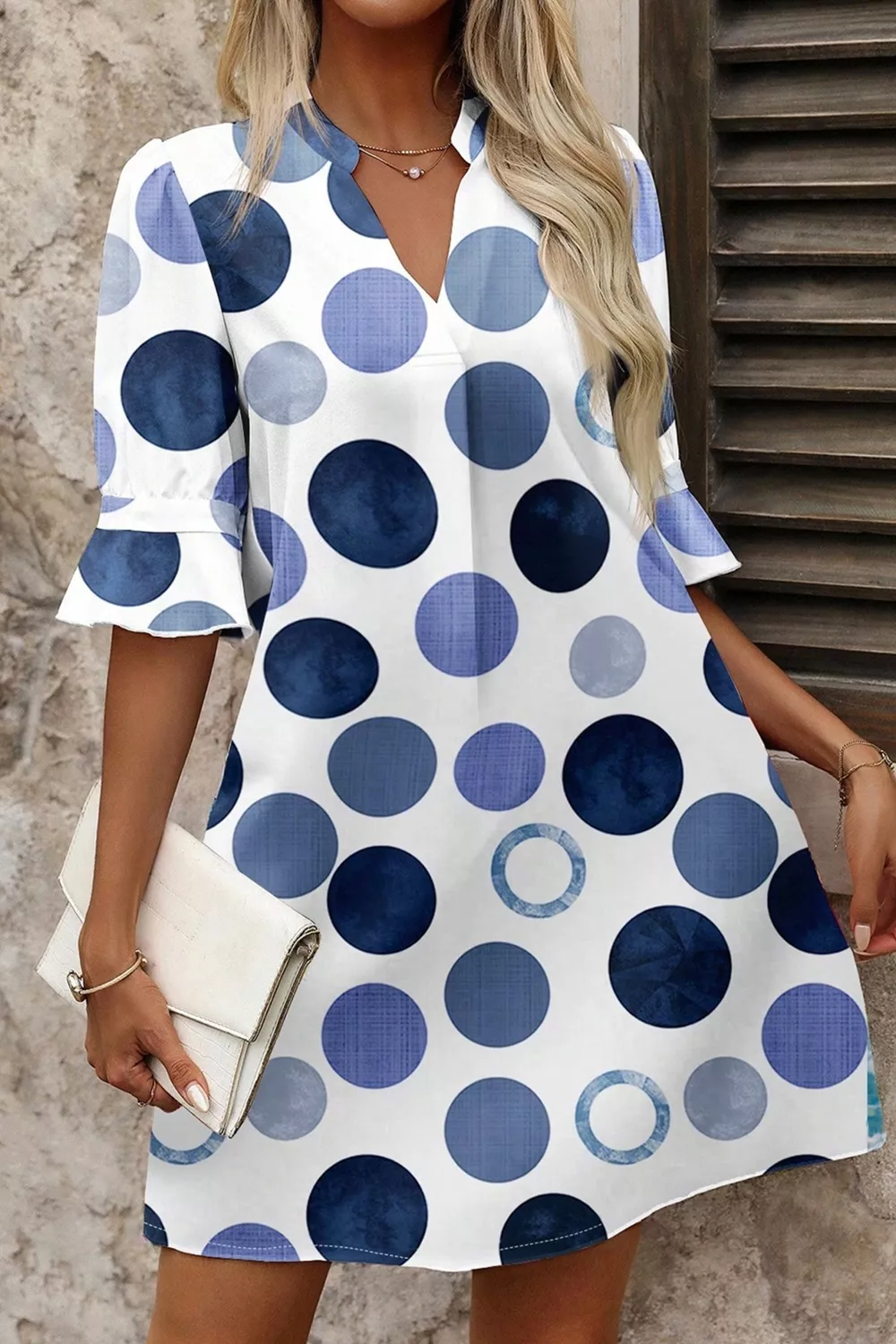 Polka Dot Print Flounced Half Sleeve Casual Vacation Style Mini Dress, image 3