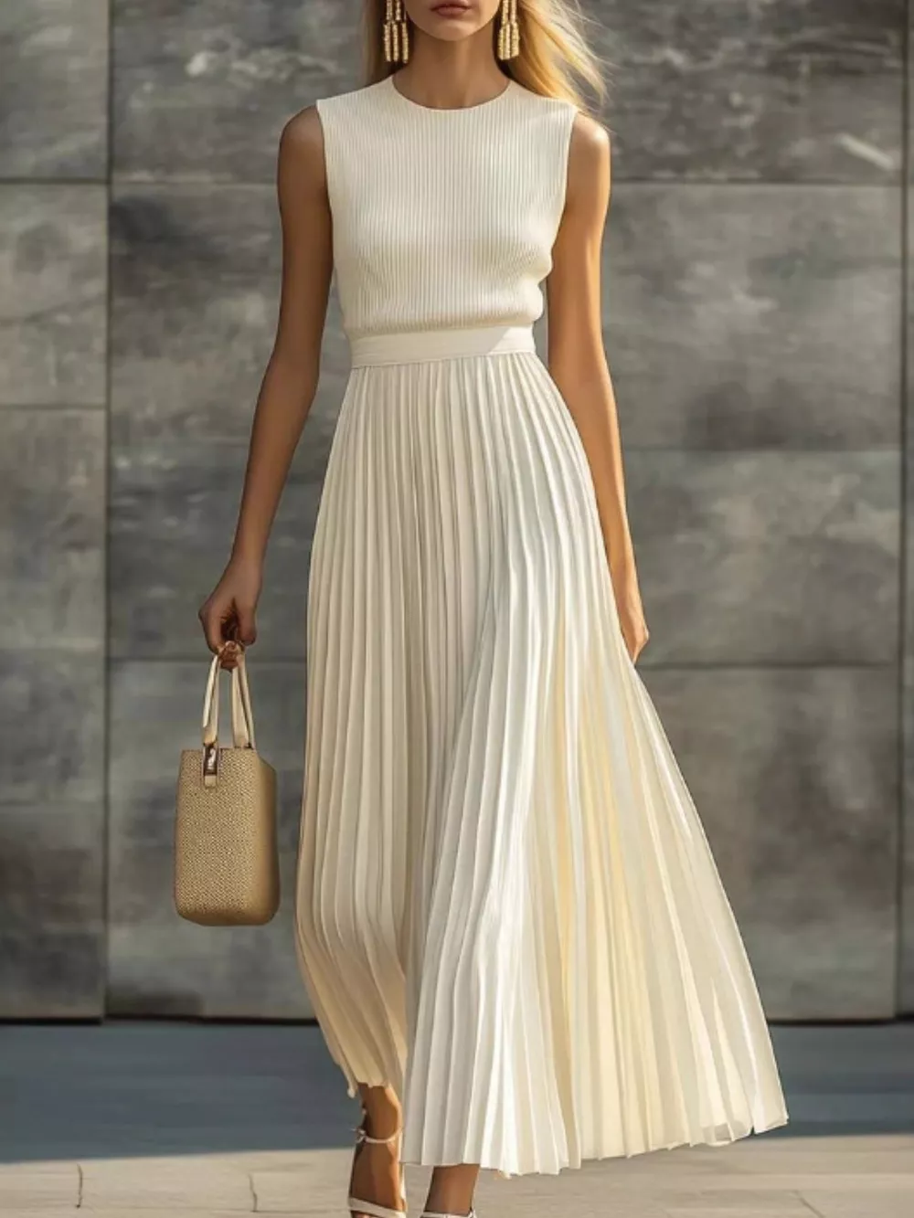 Ribbed Sleeveless Pleated Maxi Dress