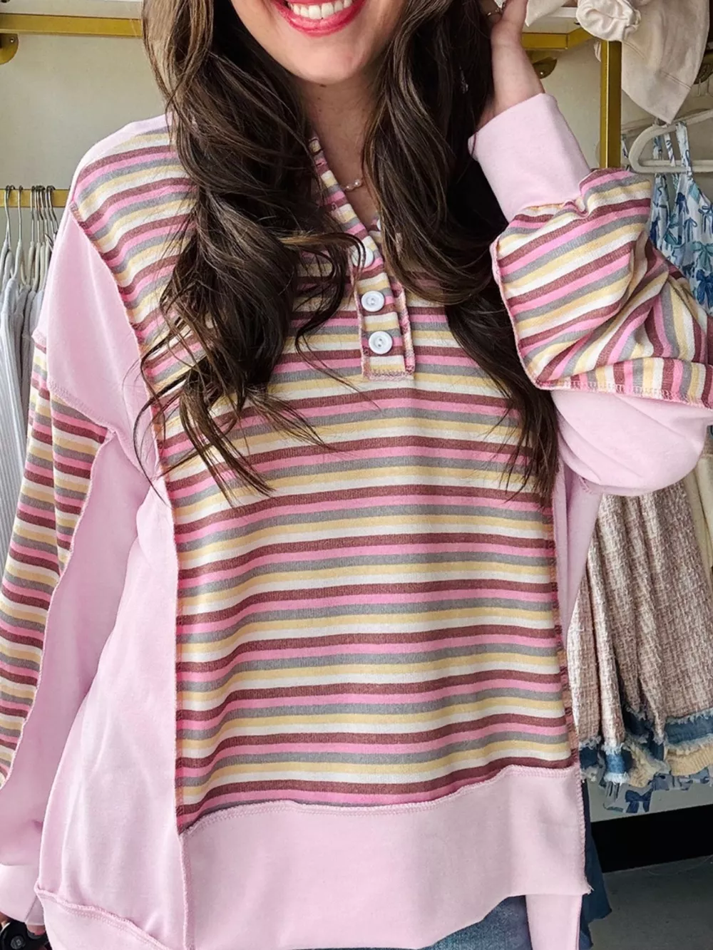 Exposed Seam Color Block Striped Patchwork Loose Henley Sweatshirt, image 2