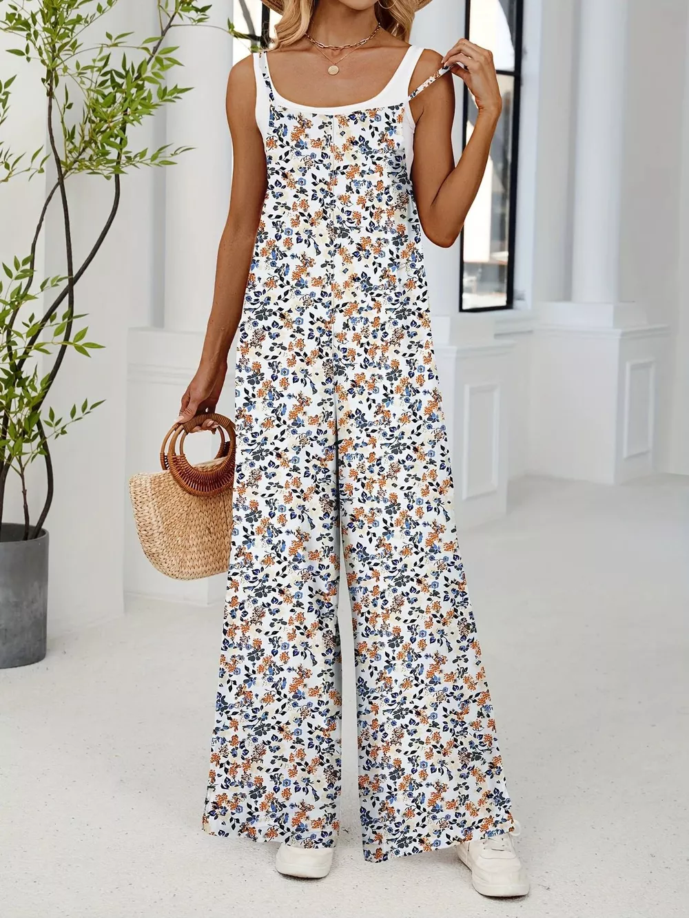 Full Size Floral Print Wide Leg Casual Jumpsuit Plus Size, image 10