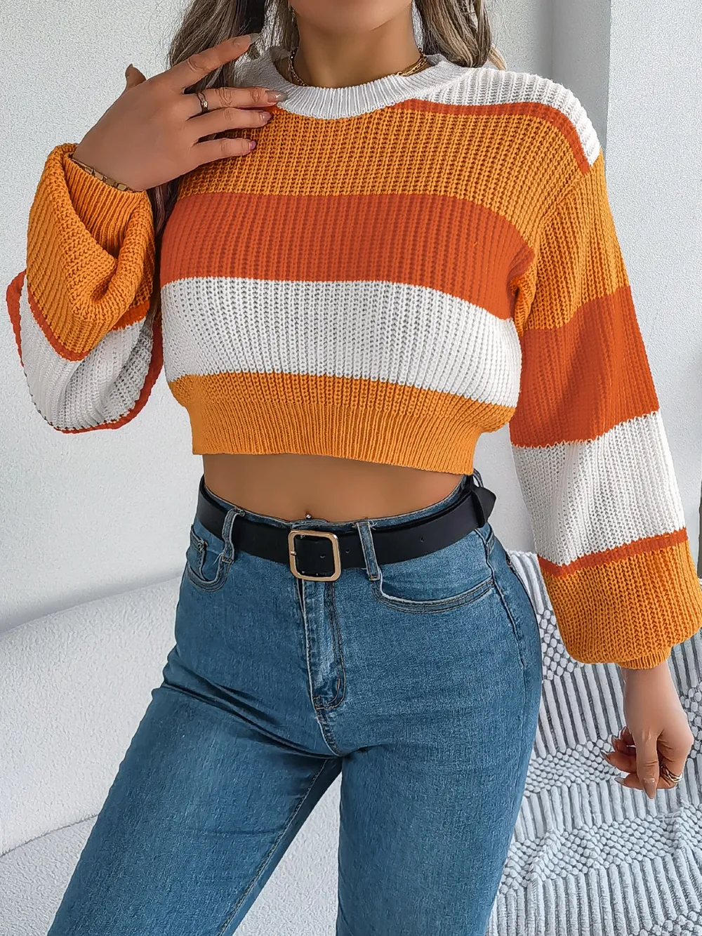 Color Block Round Neck Cropped Sweater, image 5