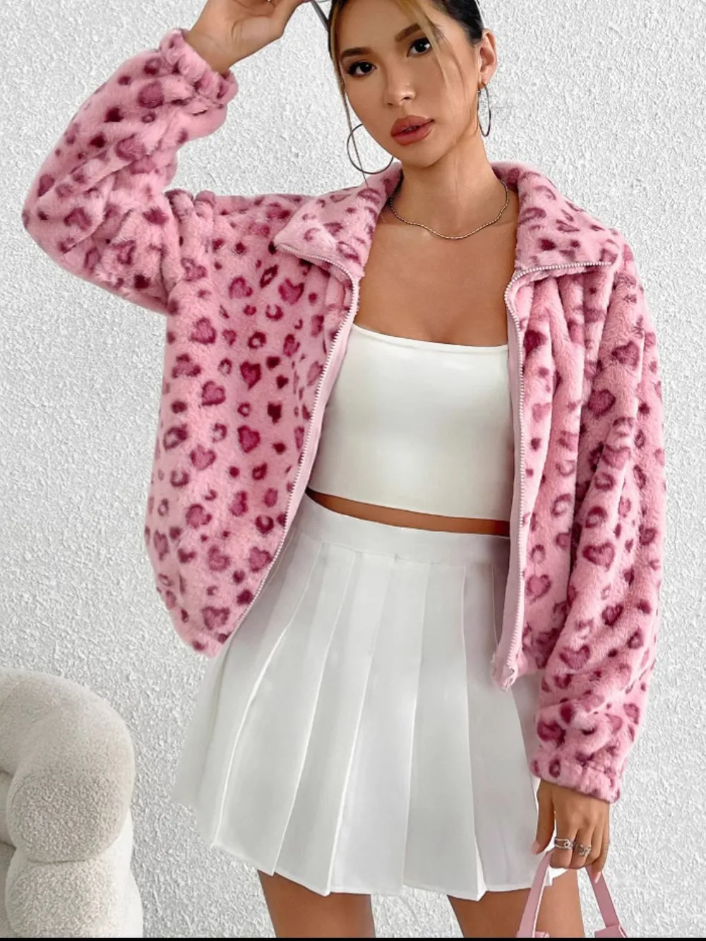 Leopard Zip Up Long Sleeve Furry Jacket, image 4
