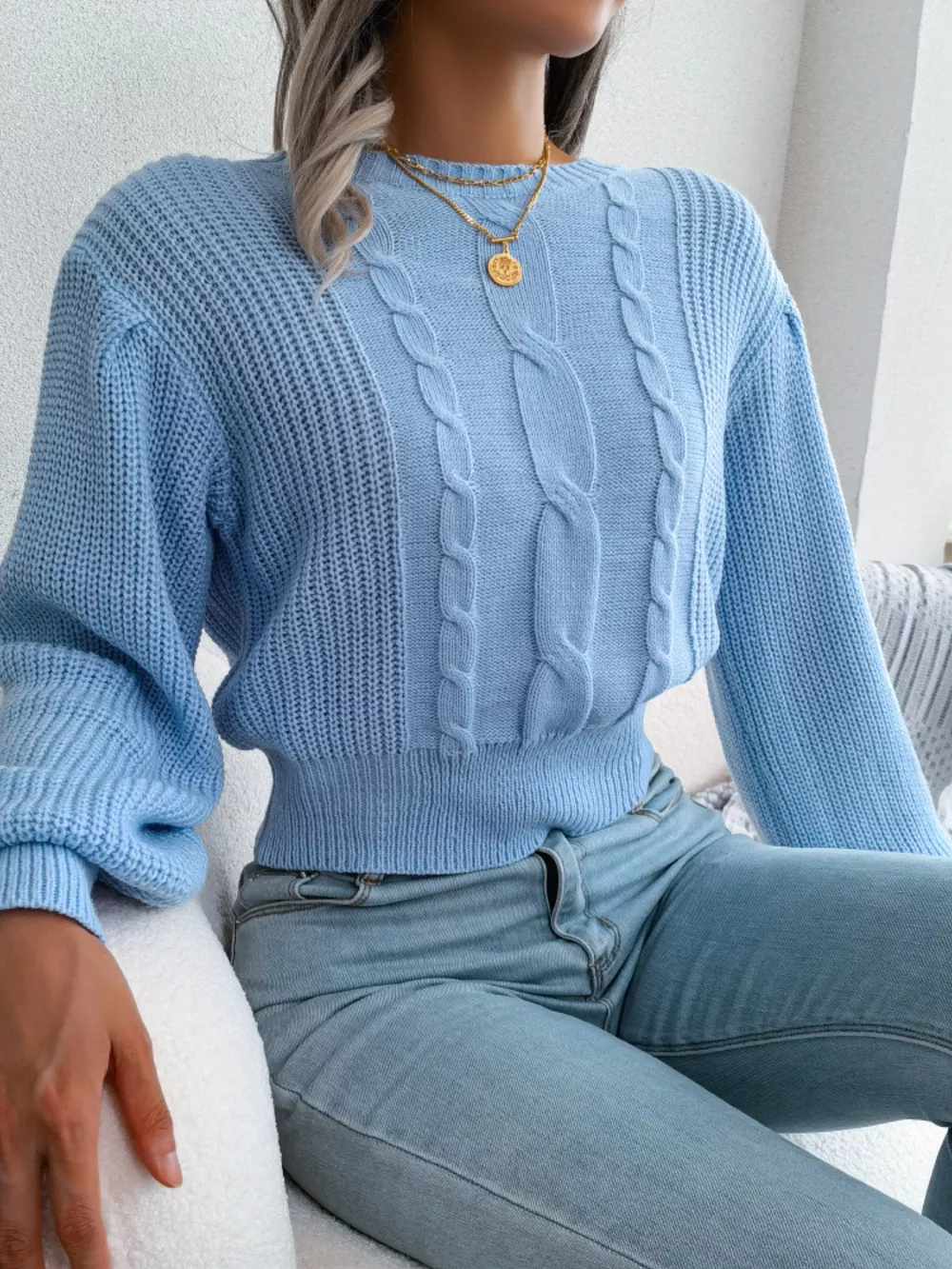 Cable Knit Round Neck Cropped Sweater, image 9
