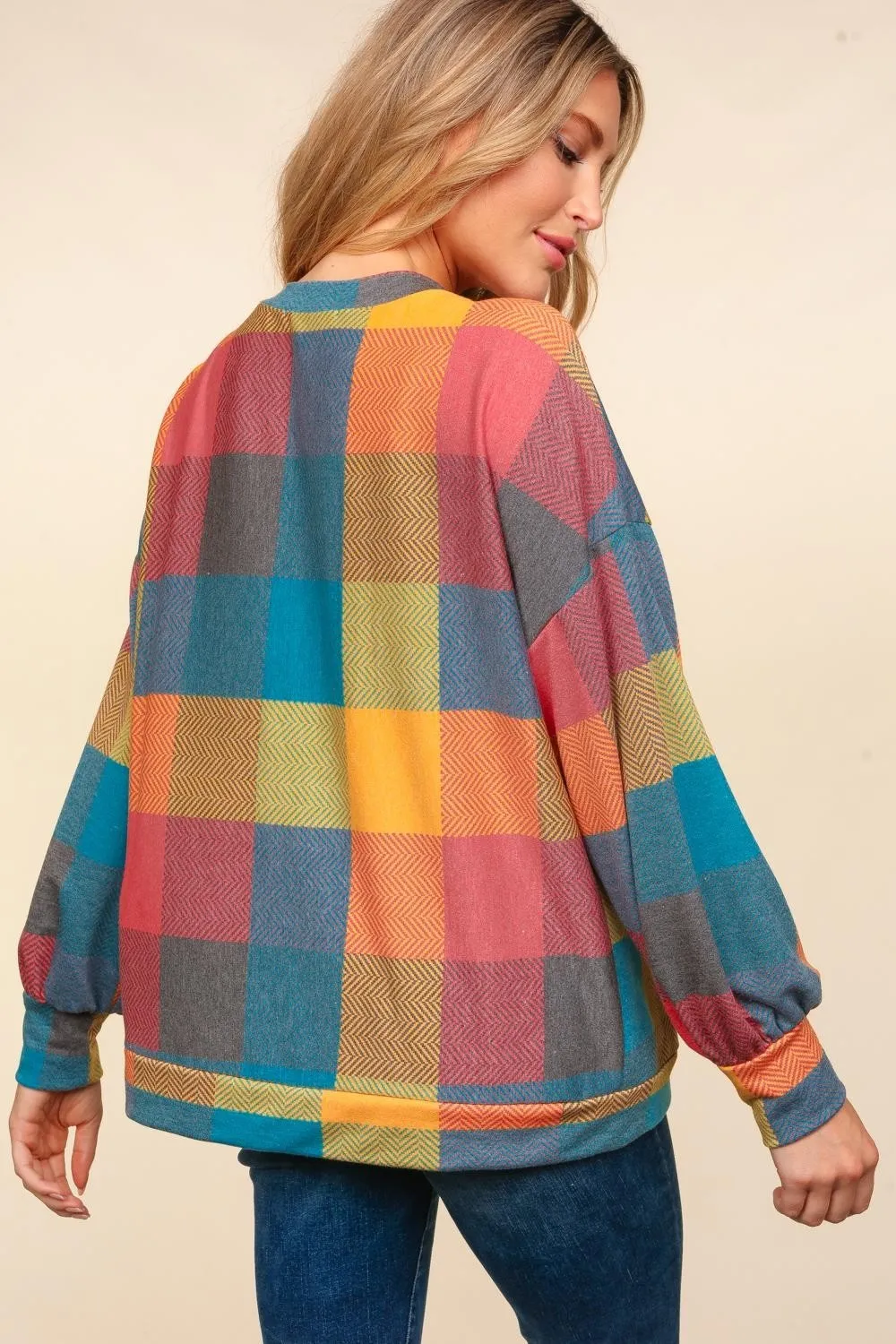 Round Neck Color Block Plaid Top, image 2