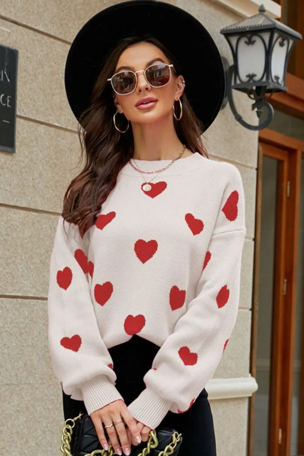Heart Pattern Lantern Sleeve Round Neck Tunic Sweater, image 11