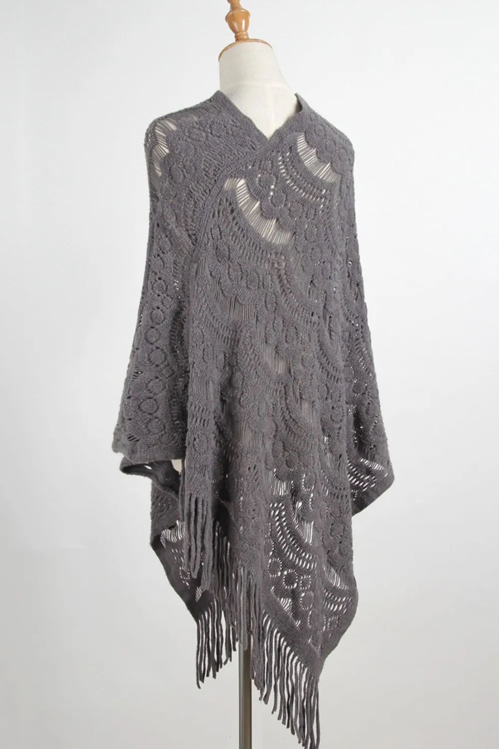 Fringe Openwork Surplice Cape Sleeve Poncho, image 4