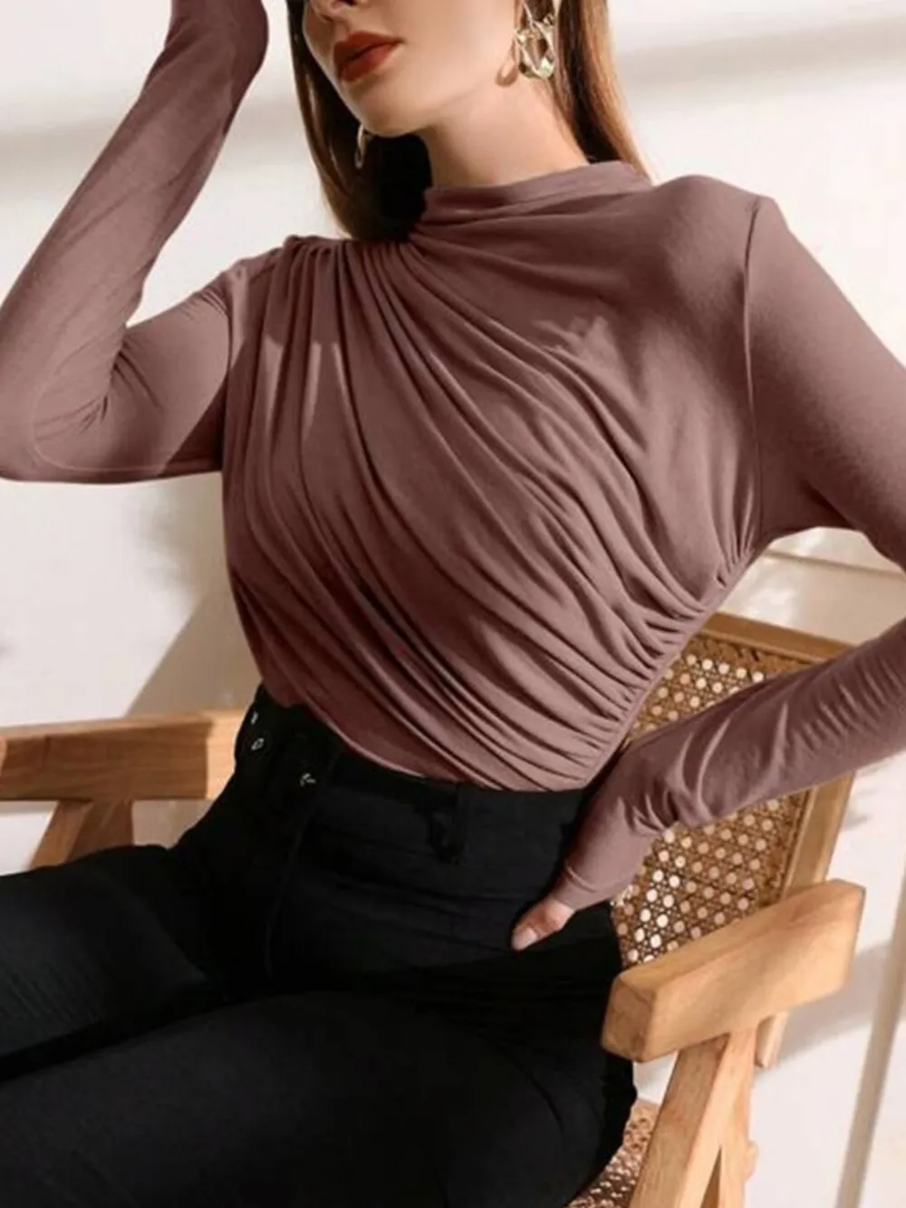 Mock Neck Ruched Long Sleeve T-Shirt, image 19