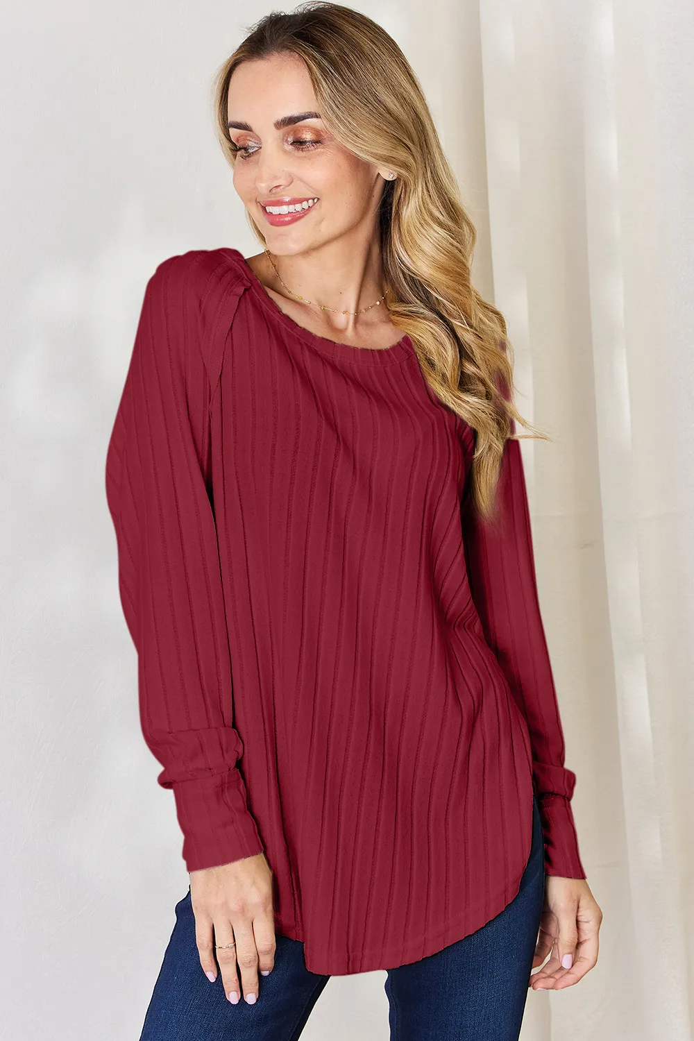 Full Size Ribbed Round Neck Slit T-Shirt, image 26