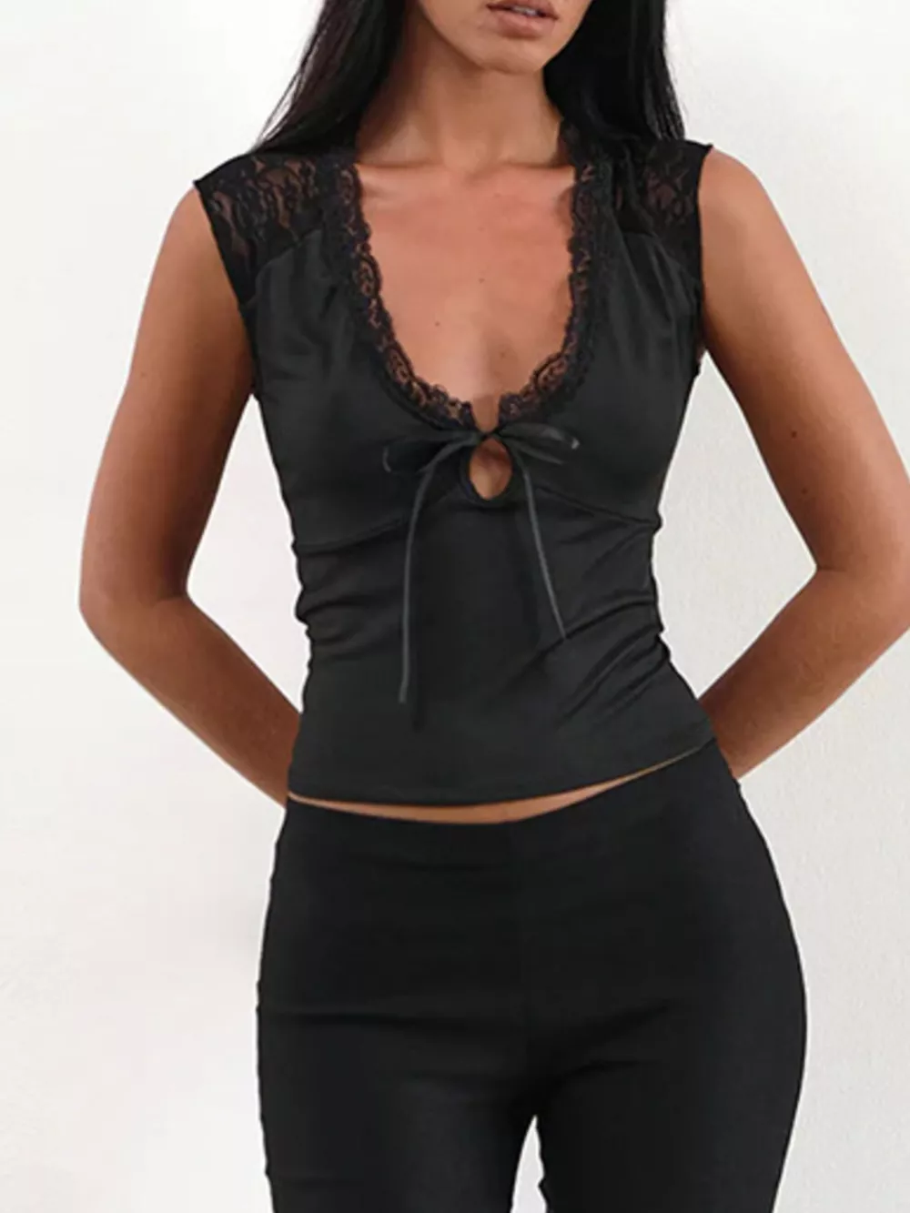 Lace Trim V-Neck Sleeveless Tank Top with Front Tie, image 7