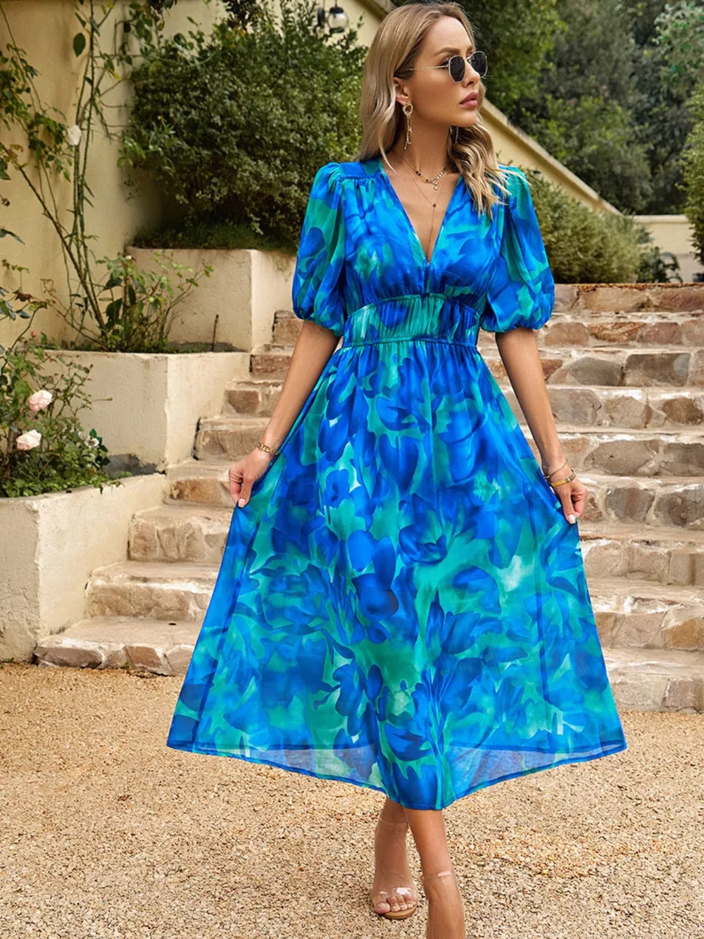 Printed Puff Sleeve Midi Dress, image 9