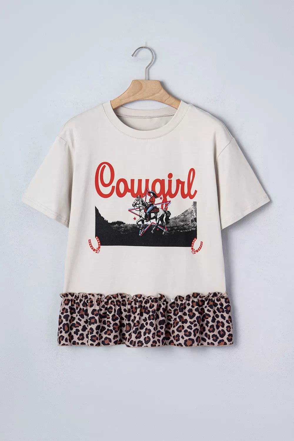 COWGIRL Print Leopard Ruffle Hem Patchwork T Shirt, image 4