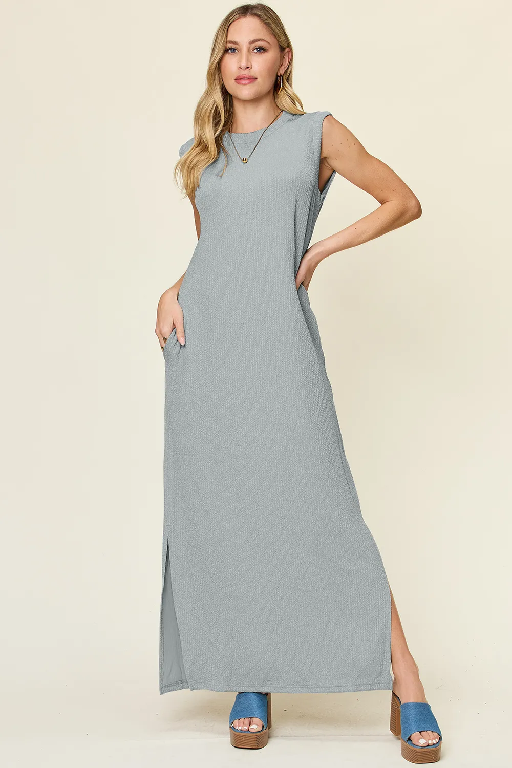 Full Size Texture Mock Neck Sleeveless Maxi Dress, image 7