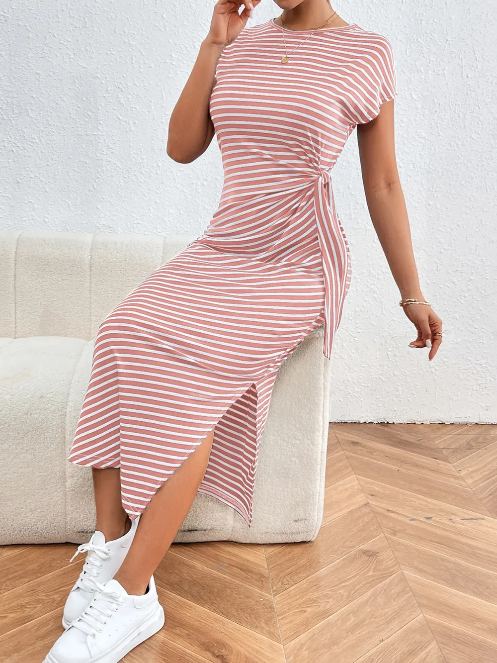 Tied Striped Round Neck Short Sleeve Tee Dress, image 14