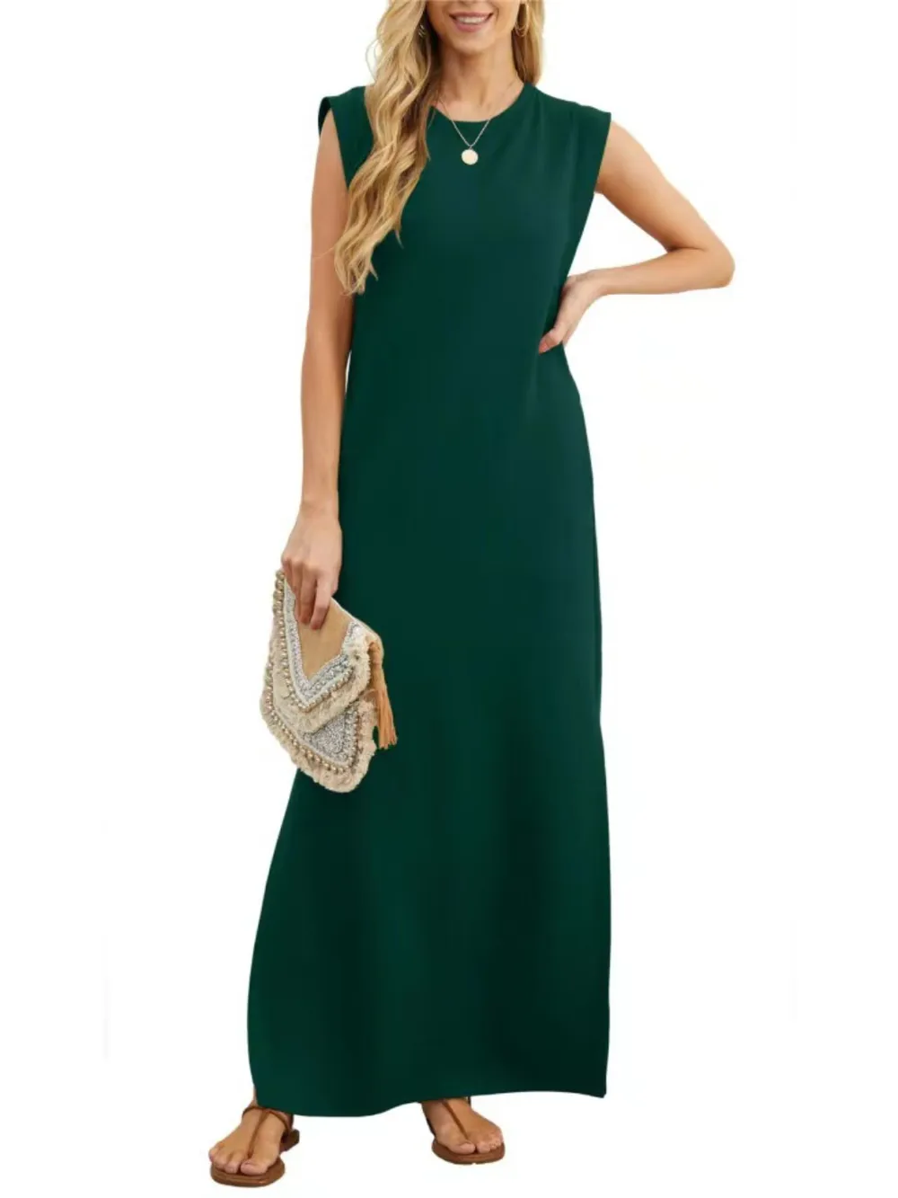Full Size Slit Round Neck Sleeveless Maxi Tank Dress Plus Size, image 17