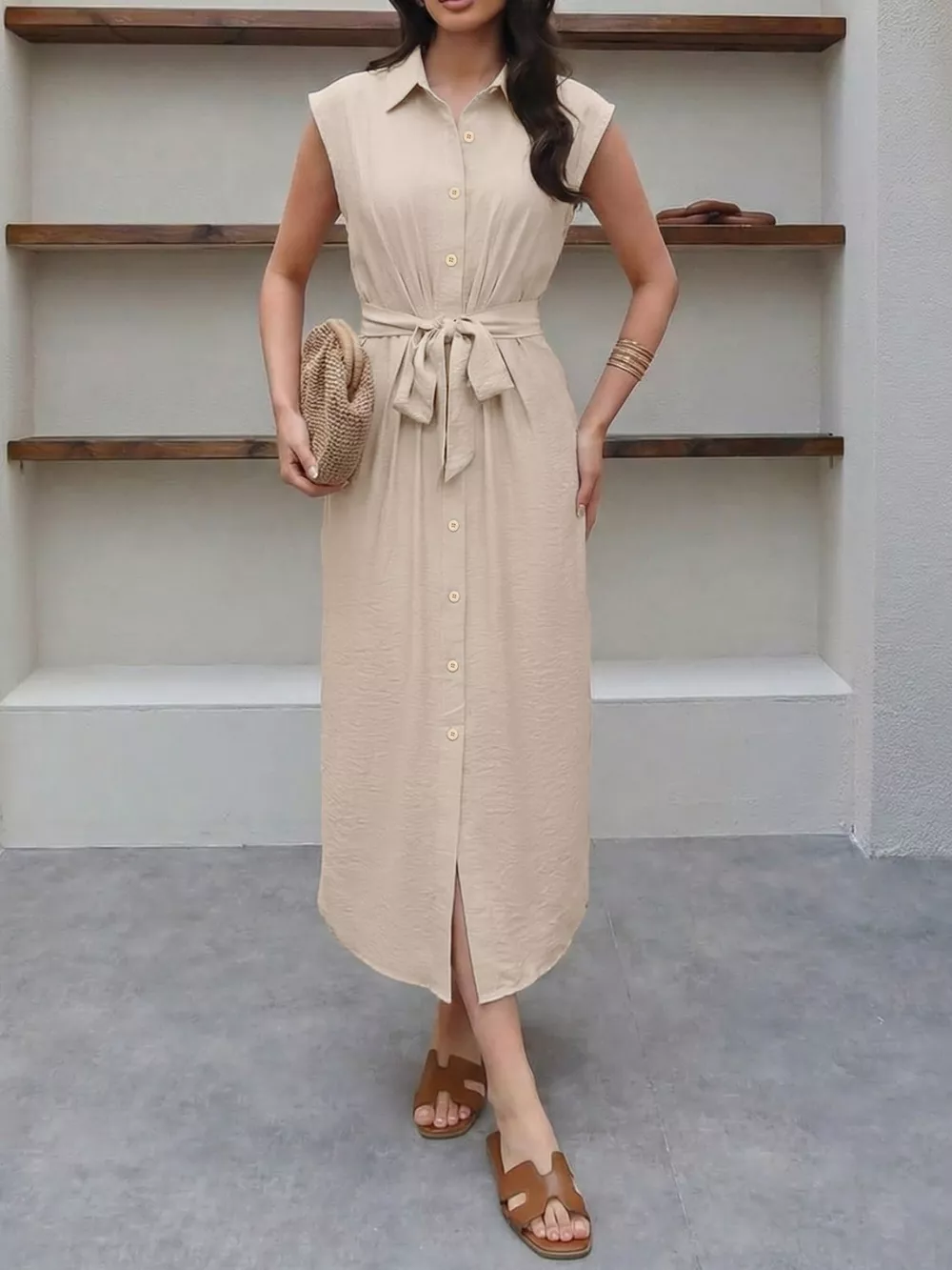 Sleeveless Button-Down Tie Waist Midi Dress