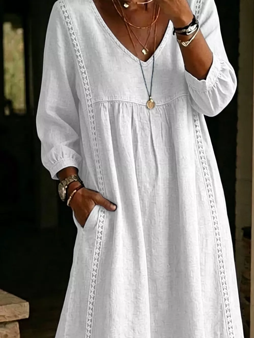 Full Size Lace Trim Long Sleeve Midi Dress Plus Size, image 7