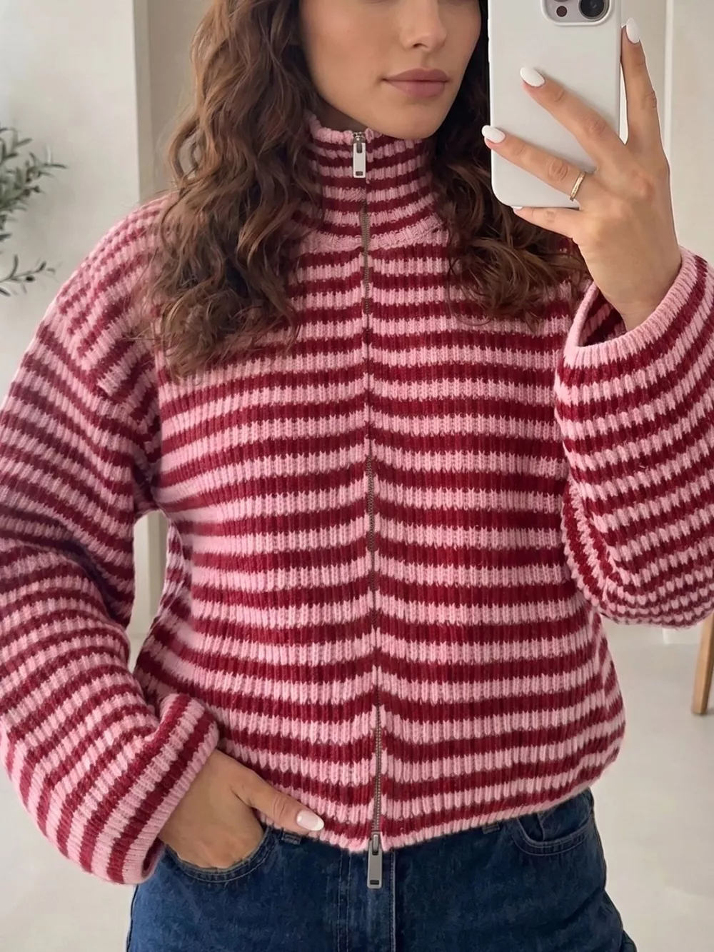 Striped High Neck Zip-up Sweater Long Sleeve Casual Fit Drop Shoulder Open Front Cardigan