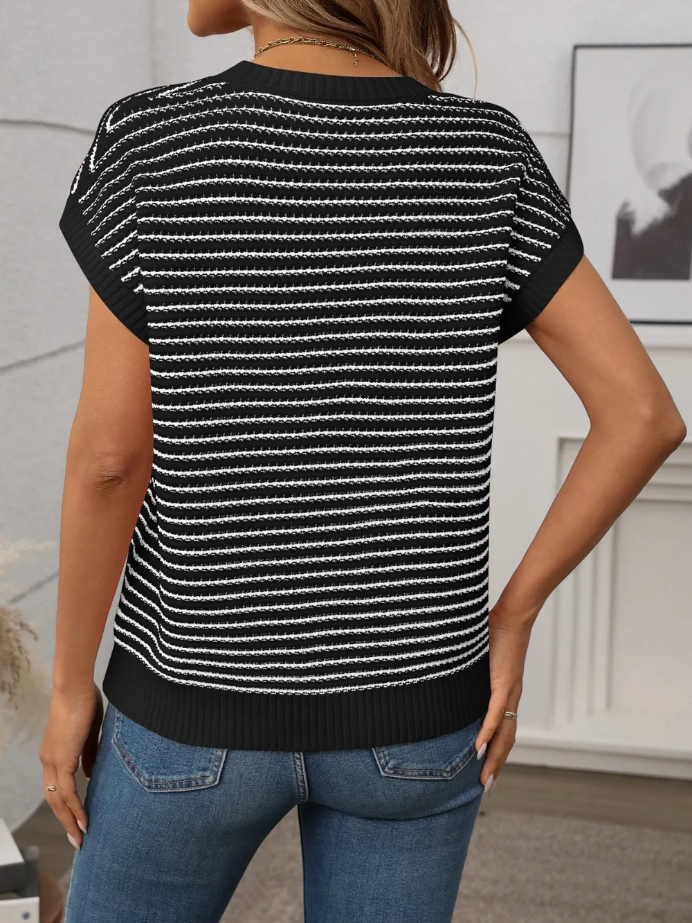 Striped Round Neck Short Sleeve Knit Top, image 14