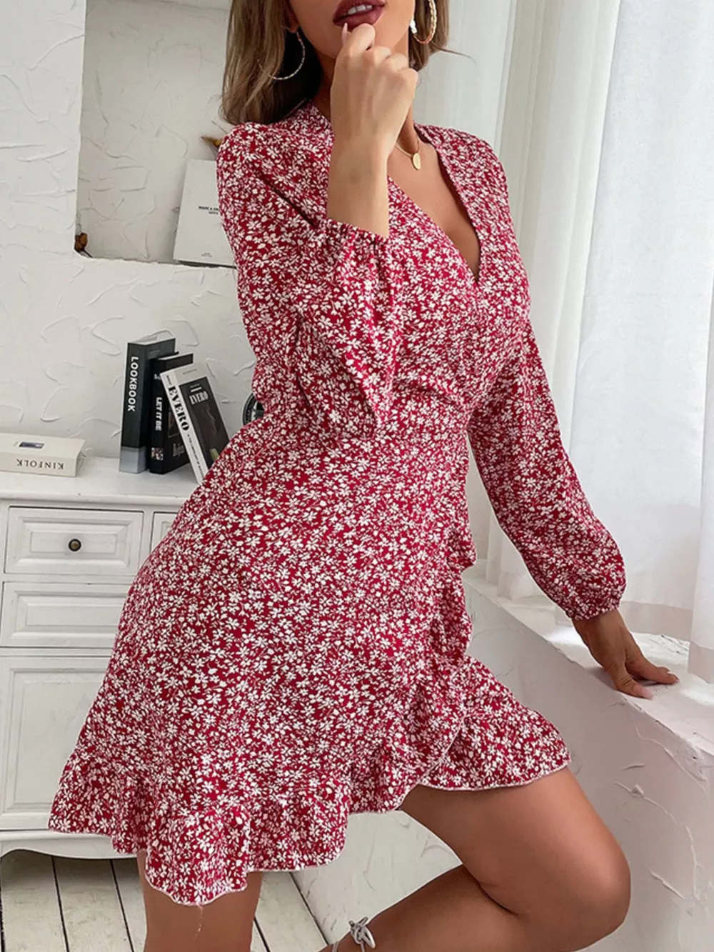 Floral Print Wrap Mini Dress, image 4